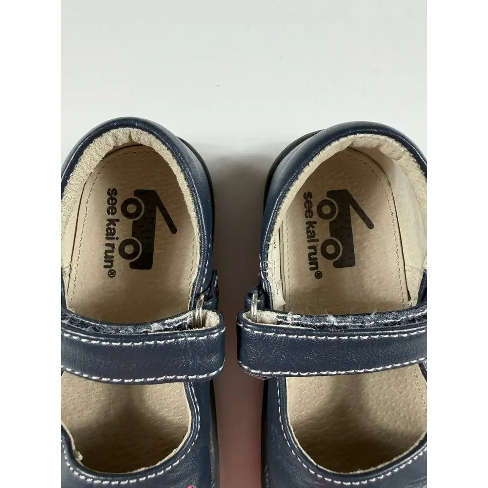 See Kai Run Kathryn II Navy Bird Leather Mary Jane Shoes Size 7.5 Toddler